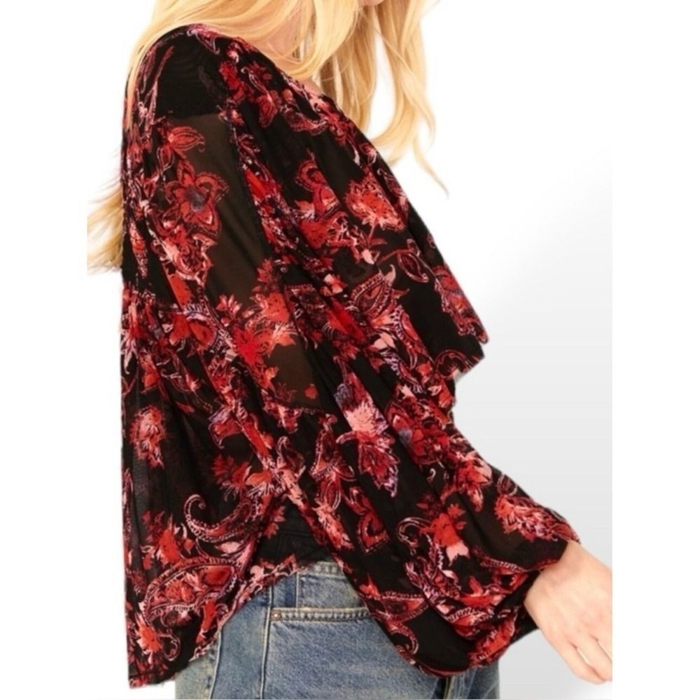 Free People Up For Anything Red Paisley Mesh Smocked Tie Back Top Women Med NWT